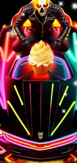 Neon themed wallpaper featuring a futuristic car with an ice cream cone centerpiece.