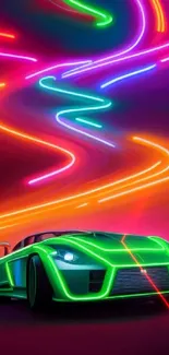 Neon race car with vibrant color lights in a futuristic swirl.