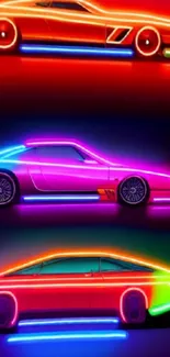 Neon outlined cars in red, pink, and blue on a dark background.