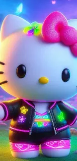 Cute neon cartoon cat in vibrant colors.