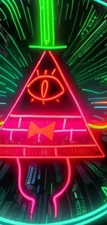 Neon pyramid with eye in colorful cartoon style.