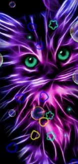 Vibrant neon cat with glowing lines and colorful shapes on dark background.