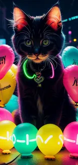 Neon-lit cat encircled by colorful balloons.