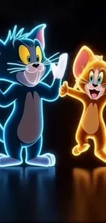 Neon cartoon cat and mouse posing in vibrant colors.