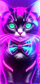 Neon cat with glowing bow and green eyes on dark background.