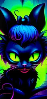 Vibrant neon cat artwork with electric blue and green hues.