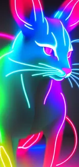 Vibrant neon cat art wallpaper with glowing lines and bright colors.