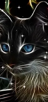 Neon artwork of a cat with vibrant blue eyes.