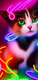 Vibrant neon cat with colorful lights and bright green eyes.