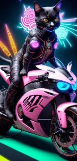 Neon cat riding a futuristic motorcycle with vibrant colors.