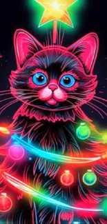 Neon Christmas tree cat with colorful lights.