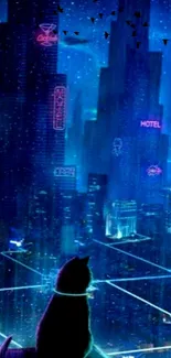 Silhouette of a cat against neon-lit skyscrapers at night.