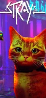 Cyberpunk cat in a neon cityscape wallpaper.