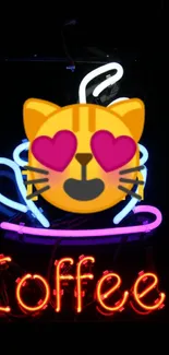 Neon coffee sign with heart-eyed cat emoji.