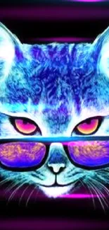 Vibrant neon cat wearing sunglasses on a dark background.