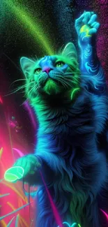 Vibrant neon cat reaching through colorful dreamscape.