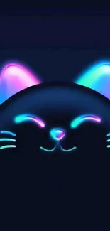 Neon cat with glowing ears and whiskers on a dark wallpaper.