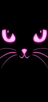 Stylish neon cat face with glowing pink eyes on black background.