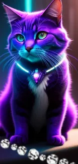 Purple cat with neon lights in a fantasy wallpaper.