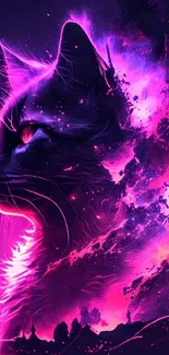 Vibrant neon cat silhouette with purple hues in a fantasy setting.