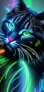 Vibrant neon cat with glowing colorful fur on a dark background.