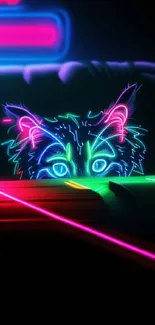 Futuristic neon cat with bright colors and lines on a mobile wallpaper.