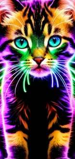 Vibrant neon cat with glowing colors on a dark background.