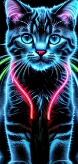 Neon glowing cat with colorful electric stripes.