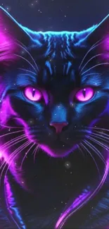 Neon glowing cat with vibrant cosmic colors.