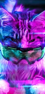 Neon-lit cat with cyber goggles in purple glow.