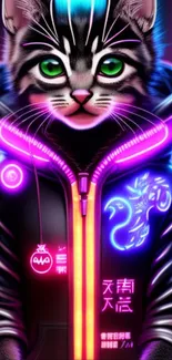 Neon cat with glowing eyes in a cyberpunk hoodie with vibrant colors.