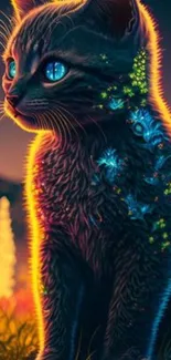 A neon-illuminated cat with glowing accents sits in a magical forest by night.