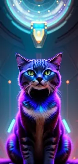 Neon cat sitting in a futuristic, glowing room.