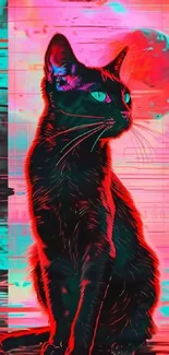 Neon pink and cyan wallpaper with a cosmic cat design.