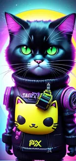 Neon cat in a futuristic space suit with a colorful galaxy background.