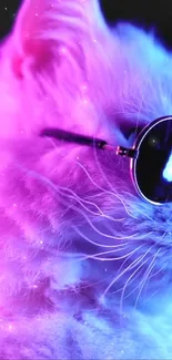 Neon cat wearing sunglasses with vibrant purple and blue hues.