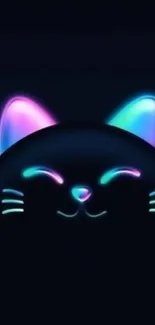 Neon cat face glowing in the dark with colorful luminescent effects.