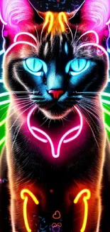 Vibrant neon cat with glowing accents on black background.