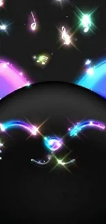 Neon cat ears and musical notes wallpaper design.