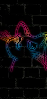 Neon cat design on brick wall background.