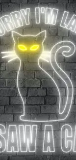 Neon cat with glowing eyes on a dark brick wall, highlighted by a playful text quote.