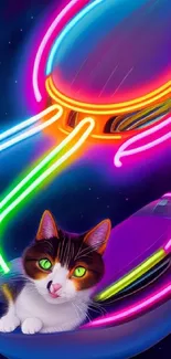 Neon sci-fi cat in space with colorful lights.