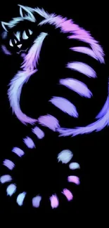 Neon Cheshire cat with glowing stripes on a dark background.