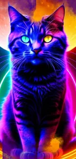 A neon cat sits under a glowing moon, vibrant colors illuminate its form.