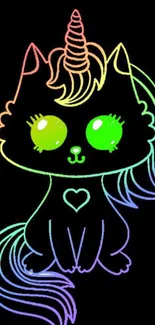 Neon cat unicorn with rainbow outline on a black background.