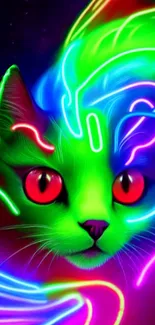 Vibrant neon cat wallpaper with glowing colorful lines.