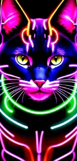 Vibrant neon cat in dark futuristic design.