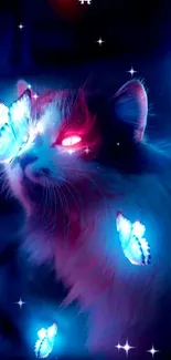 Neon cat with red eyes and glowing blue butterflies.