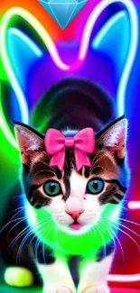 Neon cat with diamond glow and colorful lights.