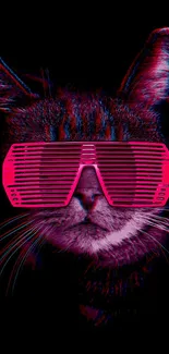 Neon cat with sunglasses on dark background.